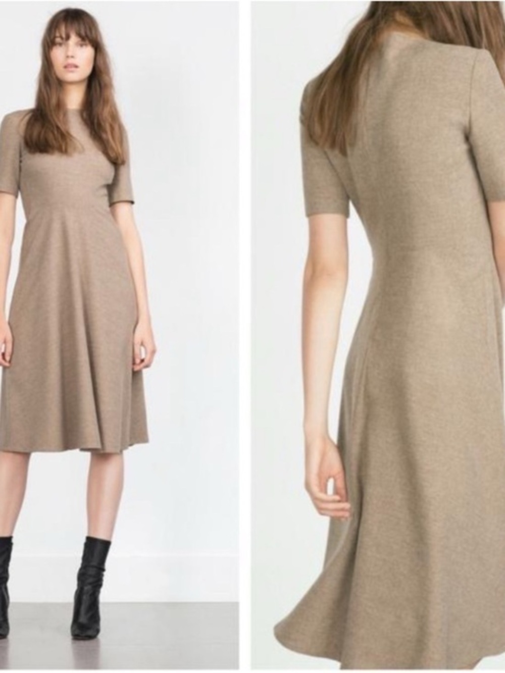 Zara Taupe Short-Sleeve Midi Fit-and-Flare Dress